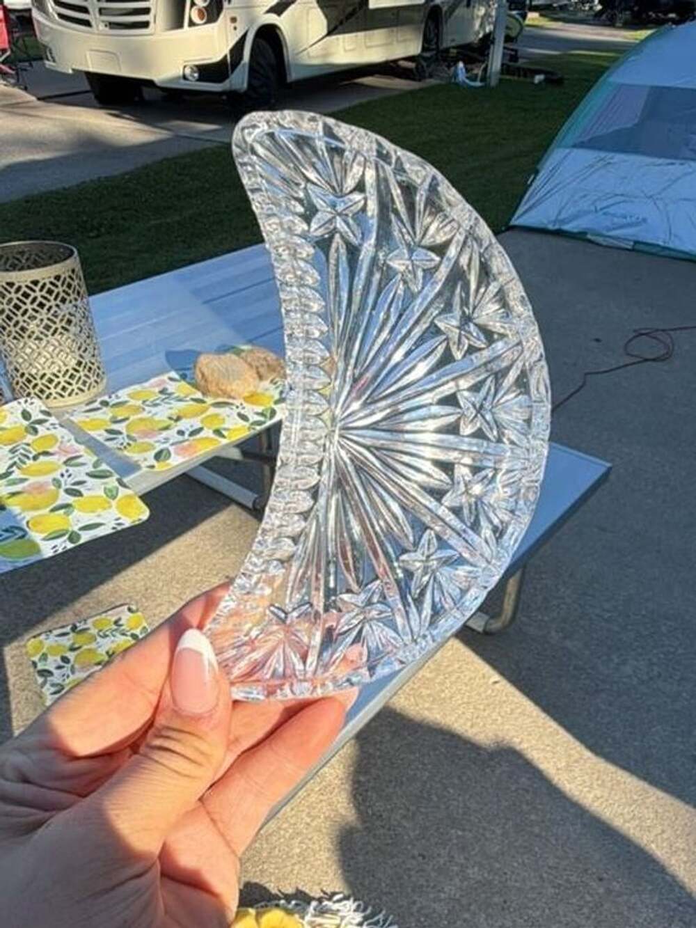 Vintage Cut Crystal Crescent Salad Side Plate Hobstar Starburst Dish